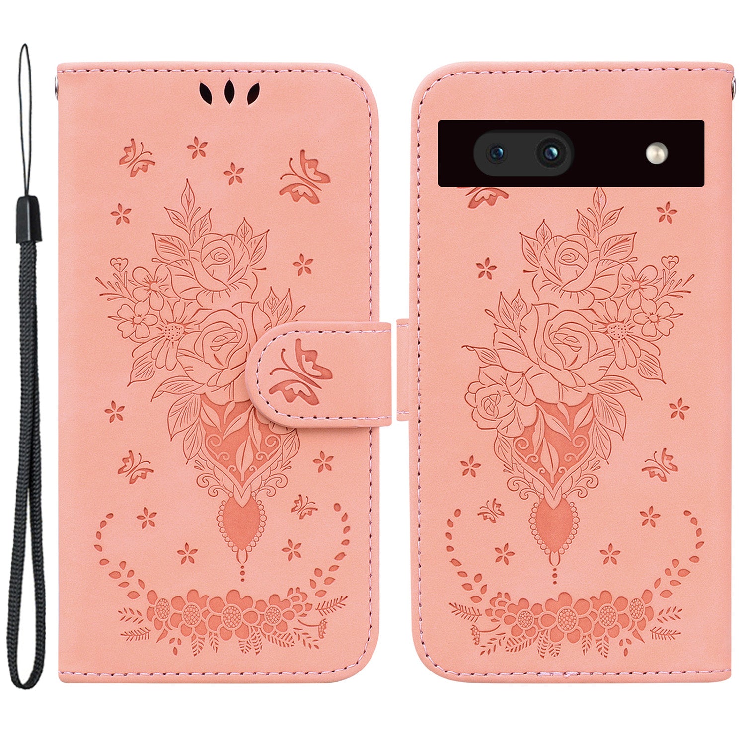 For Google Pixel 7a Anti-collision Imprinted Rose Butterfly PU Leather TPU Inner Shell Magnetic Closure Wallet Stand Phone Cover with Strap For Google Pixel 7a Anti-collision Imprinted Rose Butterfly PU Leather TPU Inner Shell Magnetic Closure Wallet Stand Phone Cover with Strap